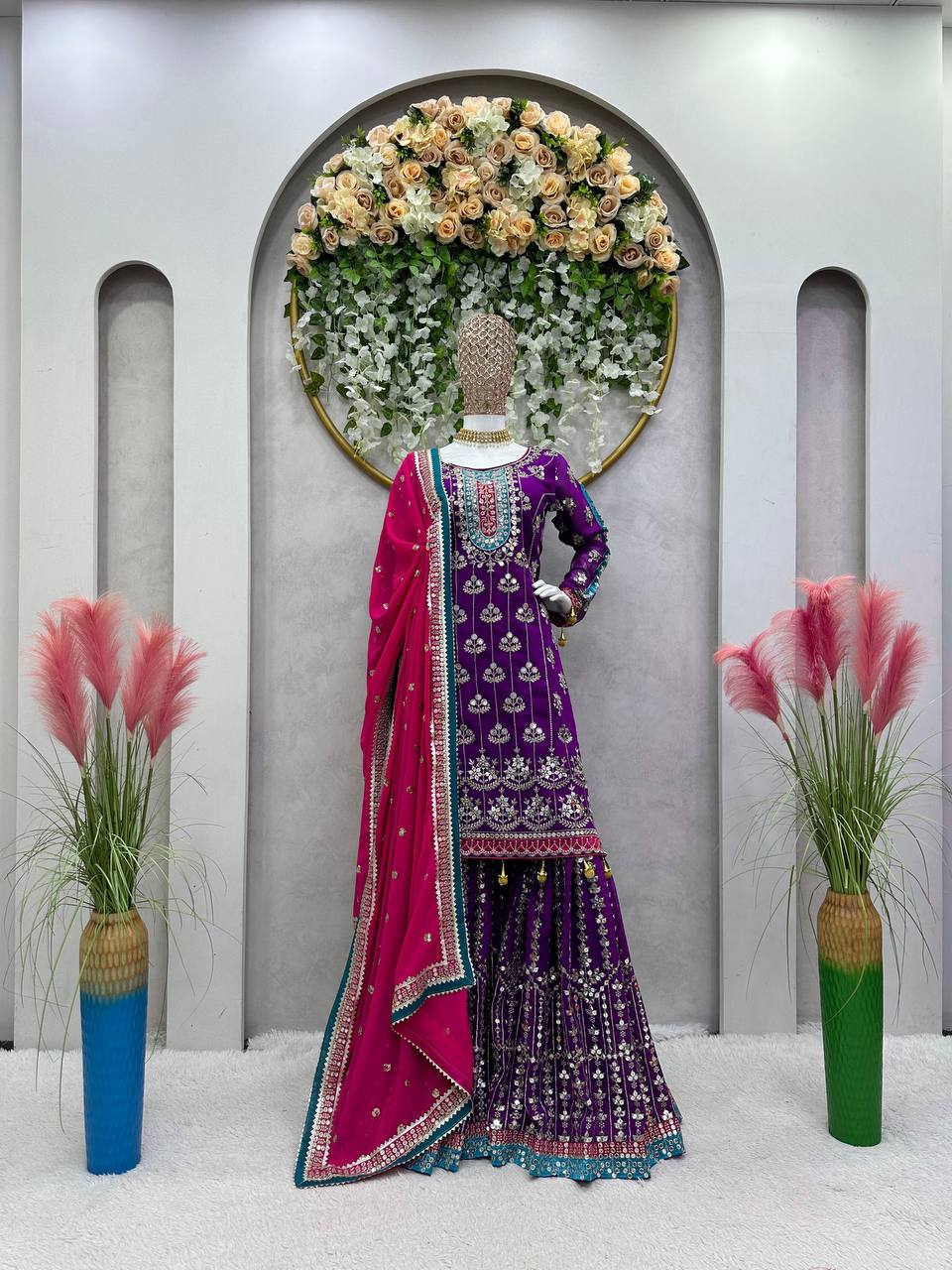 Dazzling Purple Color Georgette Sequence Thread Work Sharara Suit