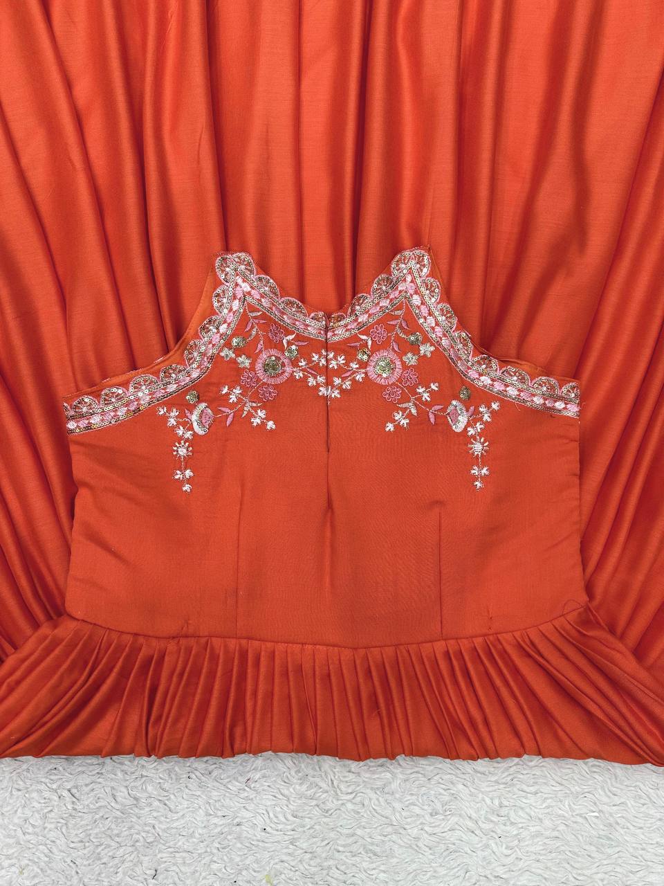 Graceful Orange Color Sequence Thread Work Maslin Ready Made Gown Dupatta