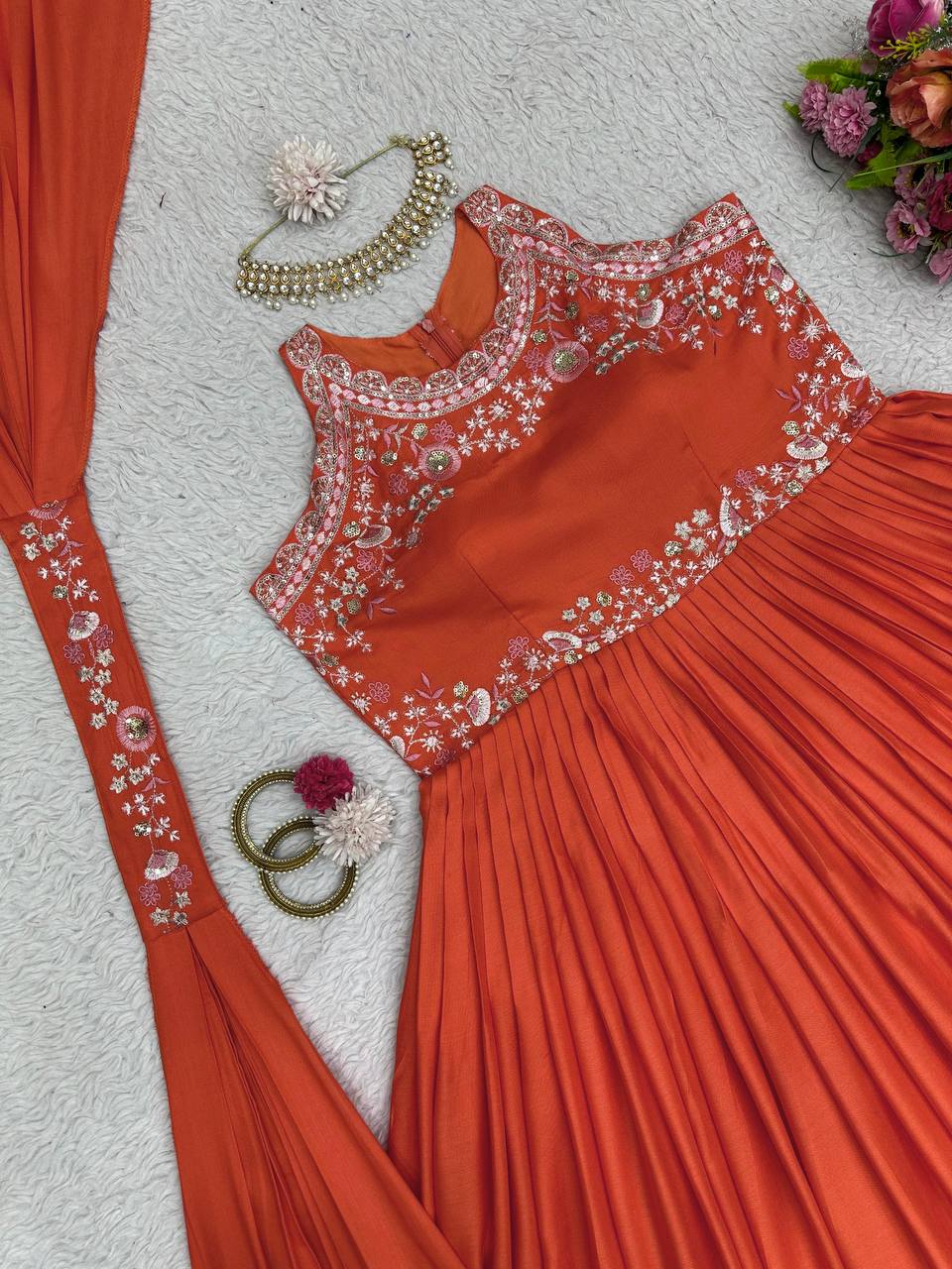 Graceful Orange Color Sequence Thread Work Maslin Ready Made Gown Dupatta