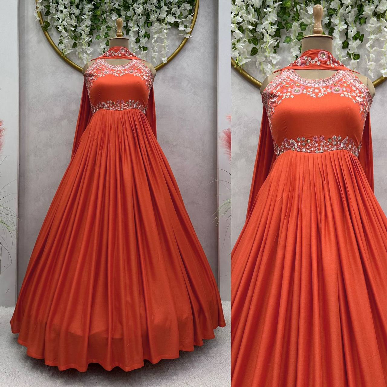 Graceful Orange Color Sequence Thread Work Maslin Ready Made Gown Dupatta