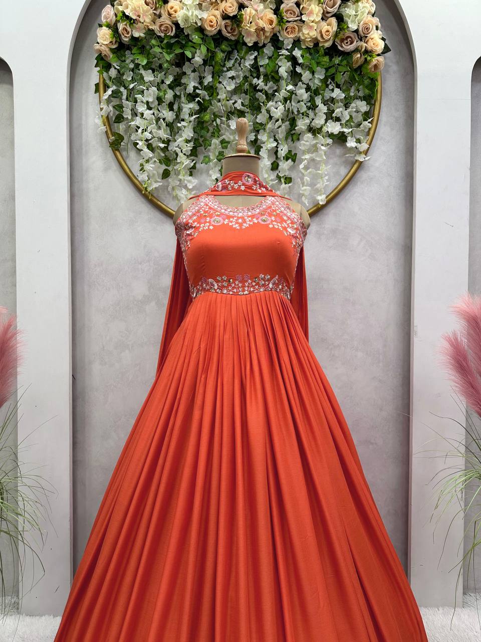 Graceful Orange Color Sequence Thread Work Maslin Ready Made Gown Dupatta