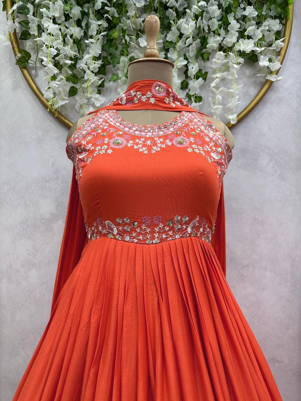 Graceful Orange Color Sequence Thread Work Maslin Ready Made Gown Dupatta