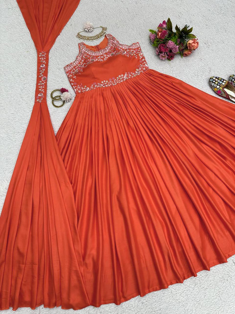 Graceful Orange Color Sequence Thread Work Maslin Ready Made Gown Dupatta