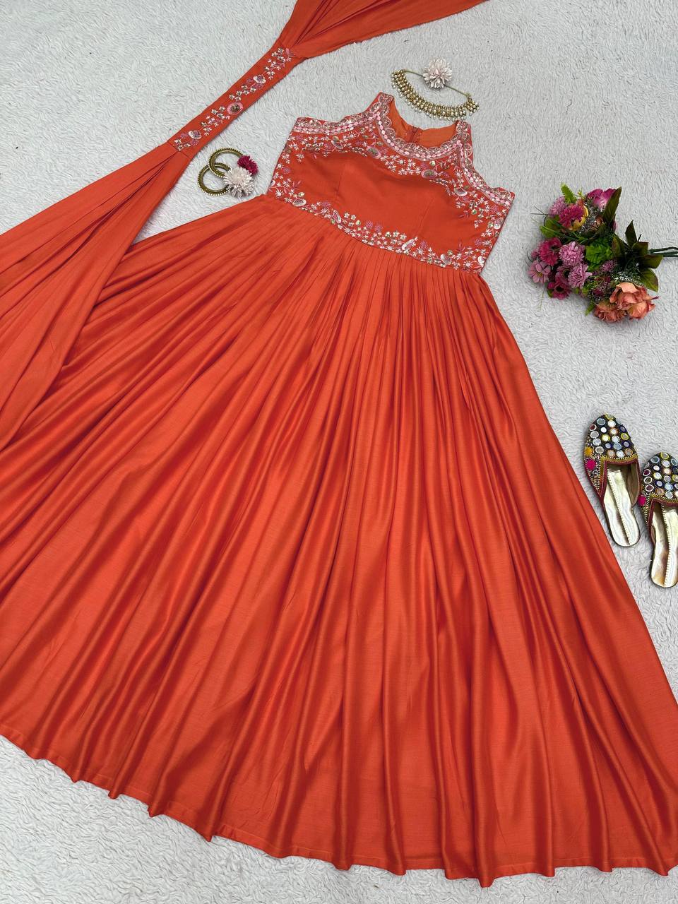 Graceful Orange Color Sequence Thread Work Maslin Ready Made Gown Dupatta