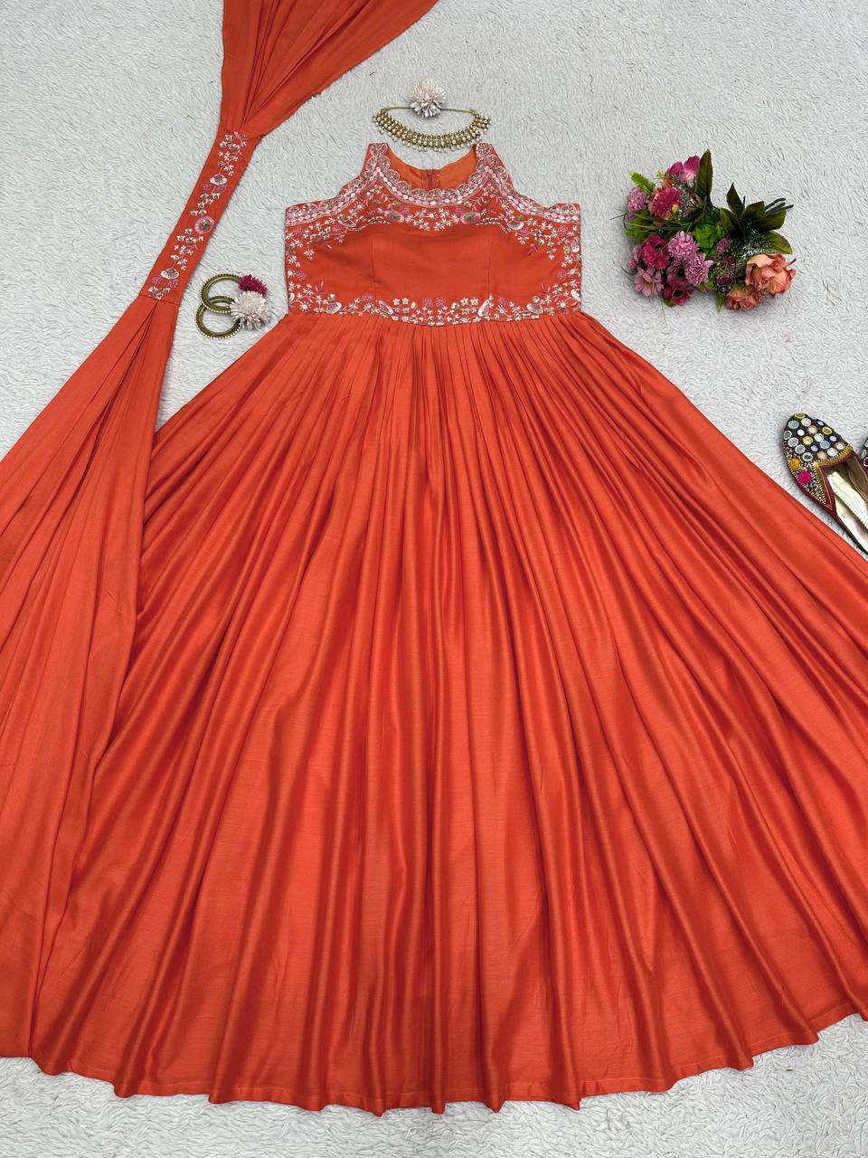 Graceful Orange Color Sequence Thread Work Maslin Ready Made Gown Dupatta