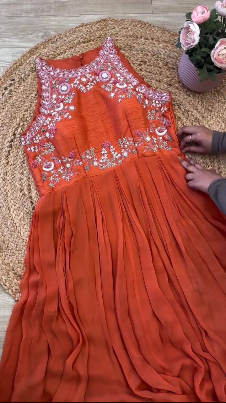 Graceful Orange Color Sequence Thread Work Maslin Ready Made Gown Dupatta