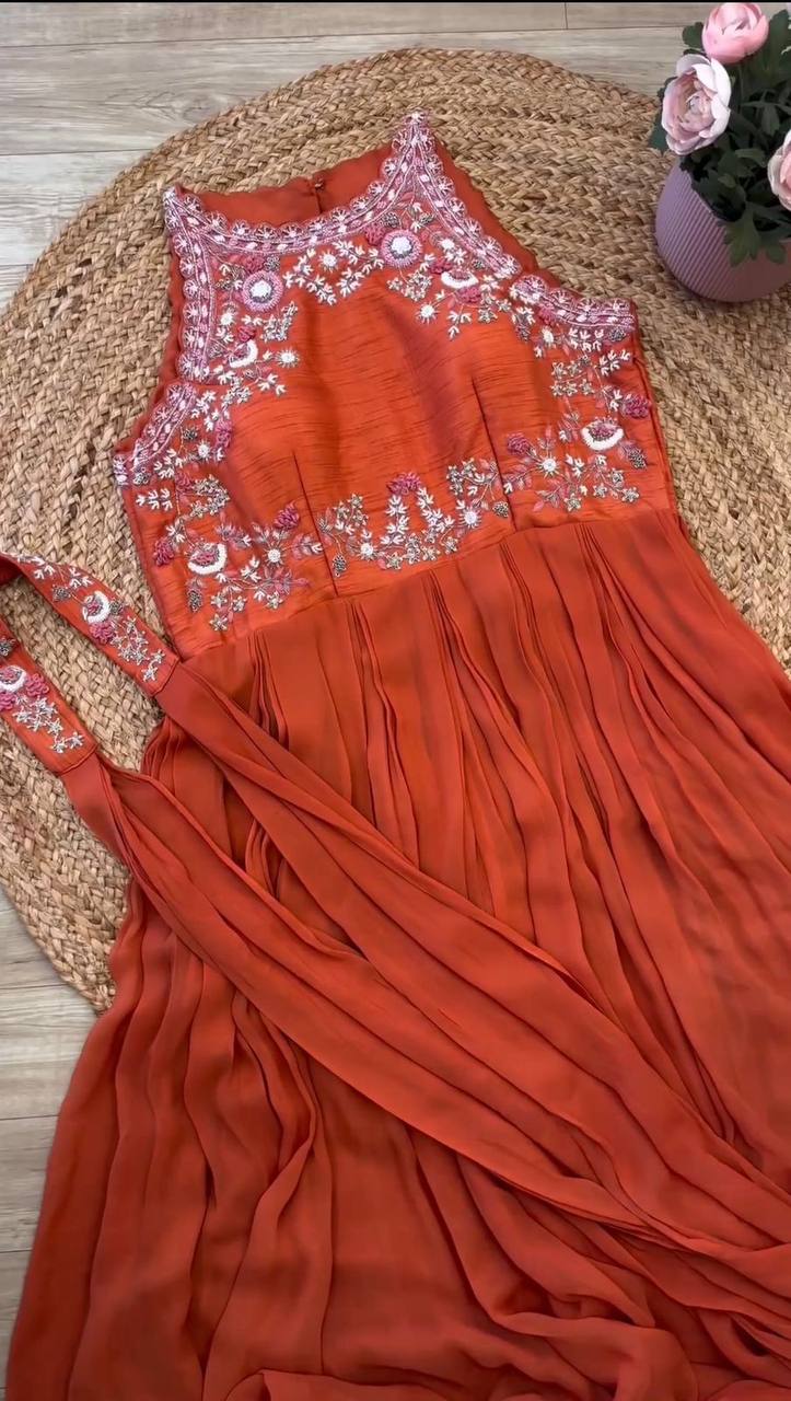 Graceful Orange Color Sequence Thread Work Maslin Ready Made Gown Dupatta