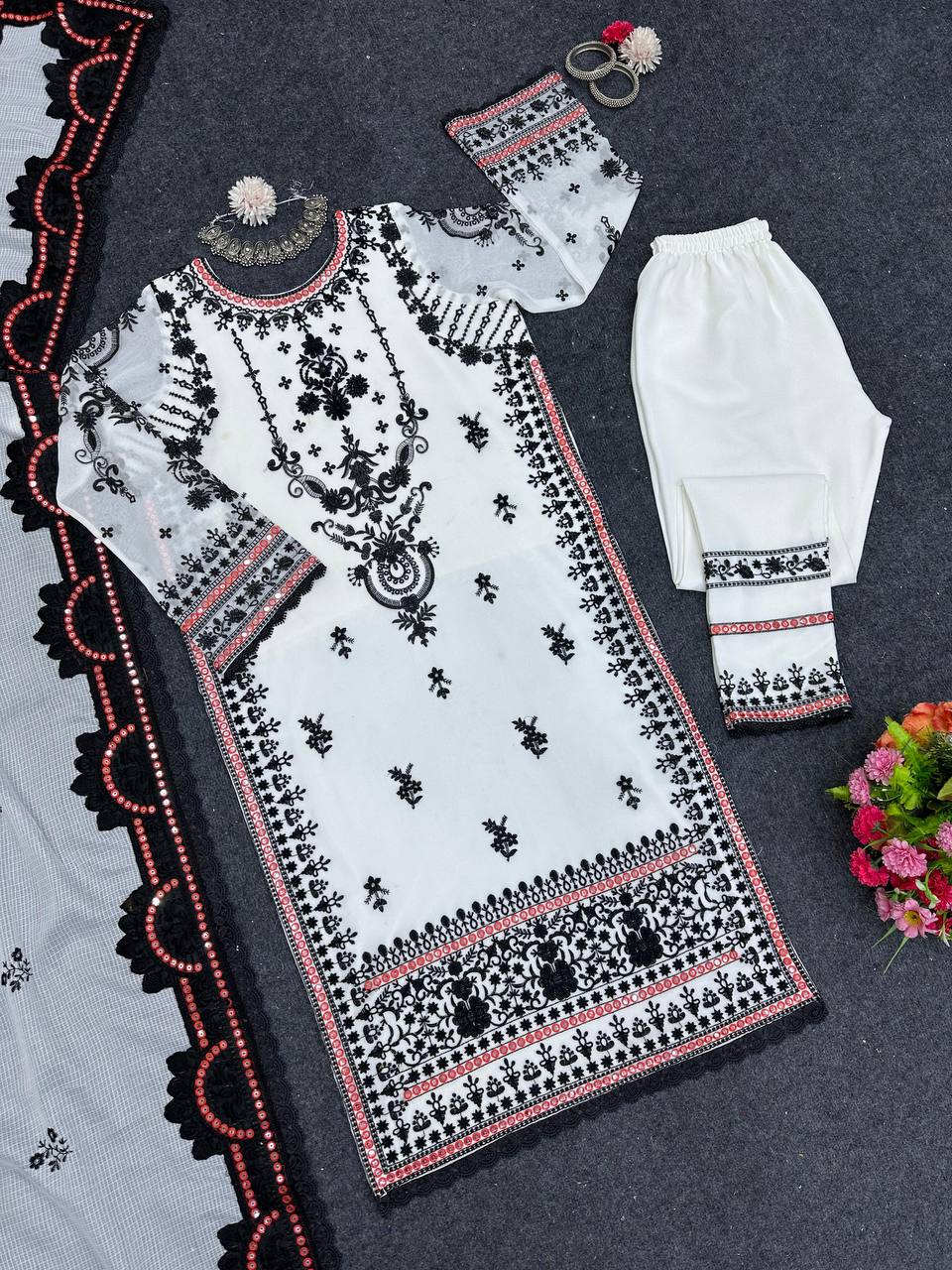 Stylish White Color Georgette Sequence Thread Work Salwar Suit