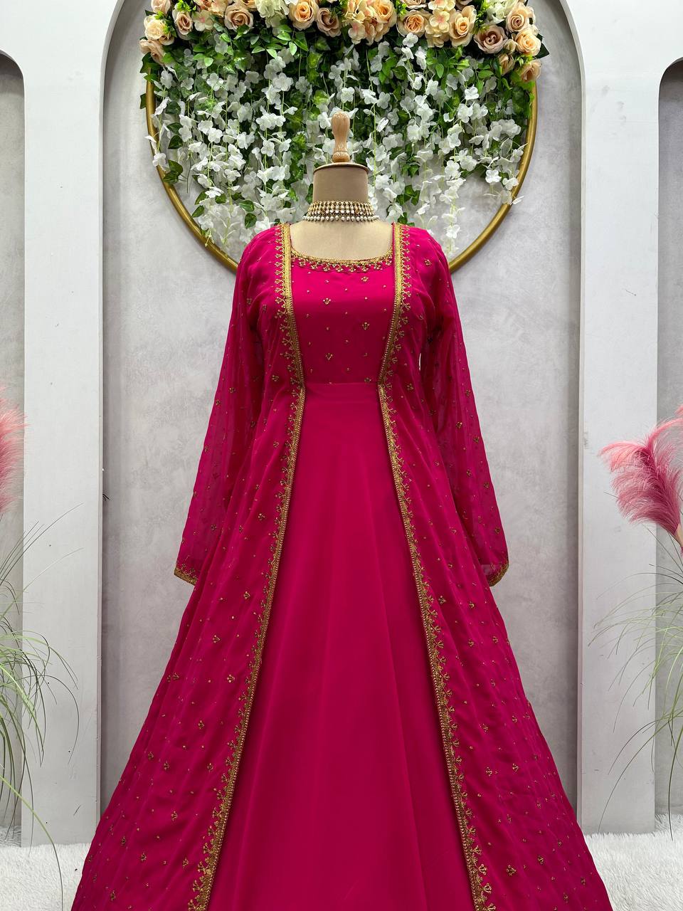 Elegant Georgette Sequence Work Ready Made Shrug Gown