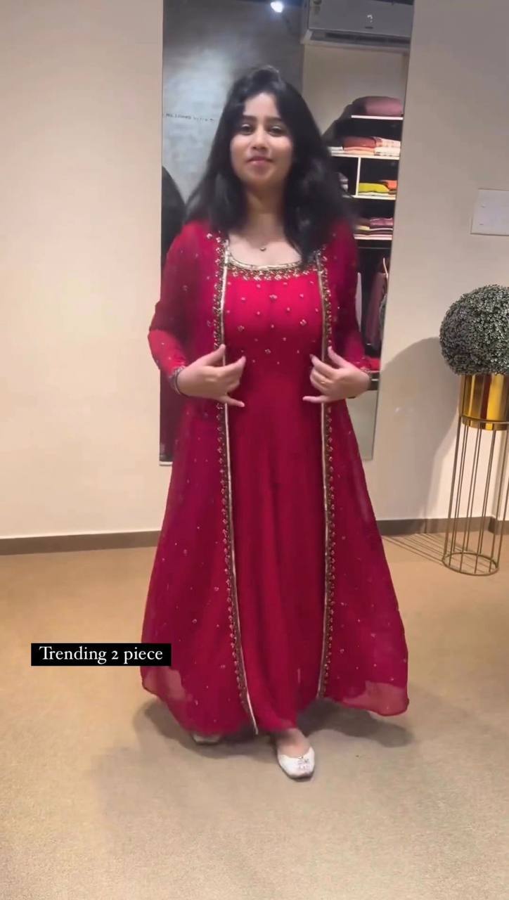shrug with long dress Elegant Georgette Sequence Work Ready Made Shrug Gown – urban-trend.co.in