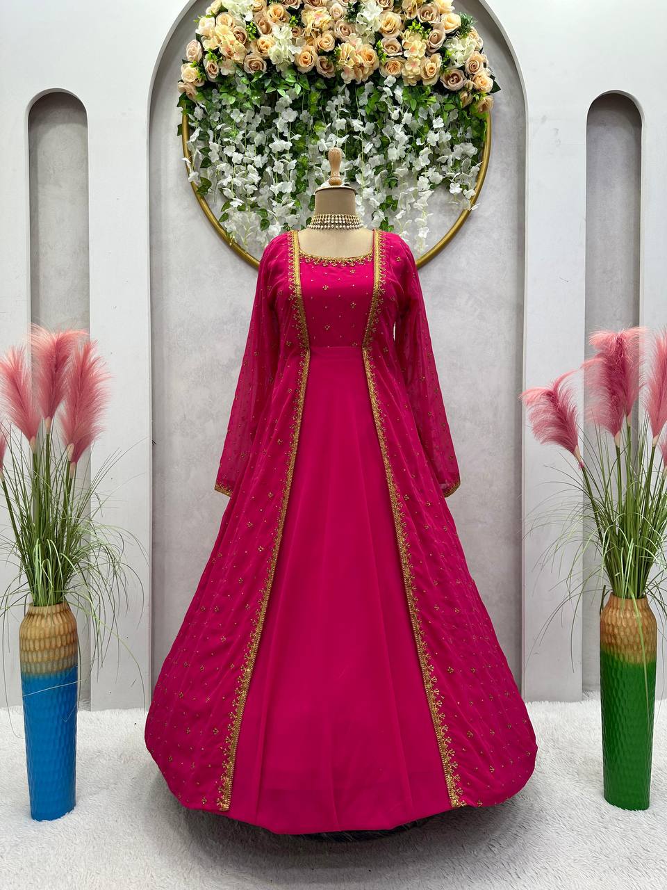 Elegant Georgette Sequence Work Ready Made Shrug Gown