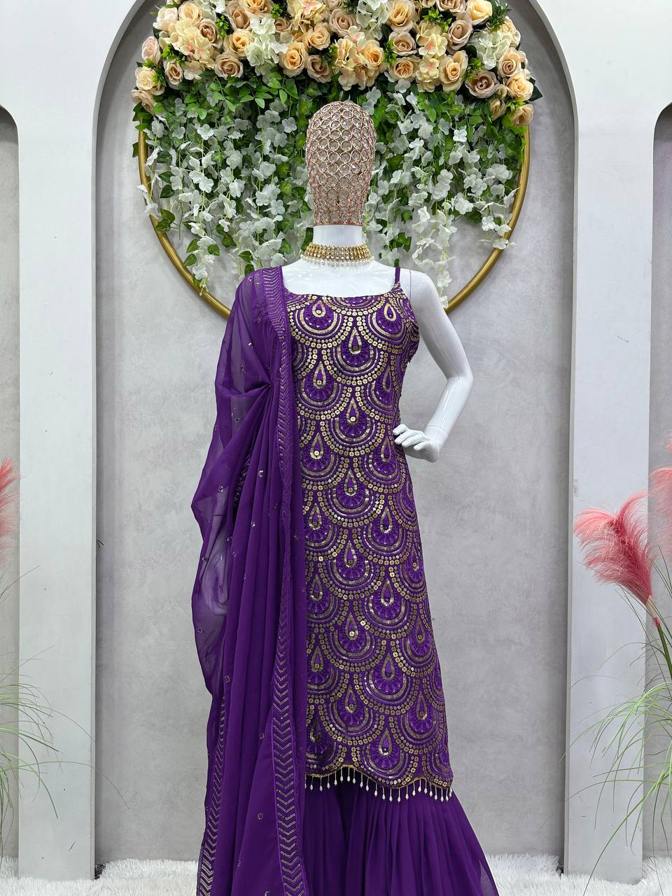 Latest Violet Color Thread Sequence Work Georgette Sharara Suit