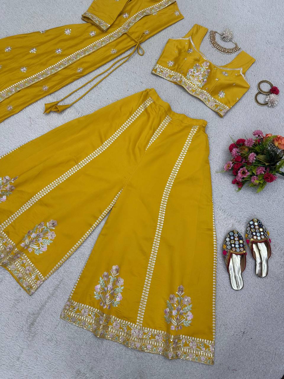 Wedding Wear Yellow Color Sequence Work Muslin Indo Western Suit