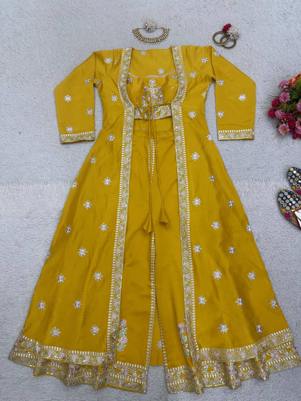 Wedding Wear Yellow Color Sequence Work Muslin Indo Western Suit