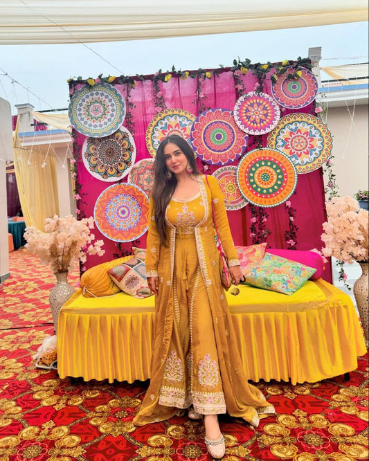 Wedding Wear Yellow Color Sequence Work Muslin Indo Western Suit