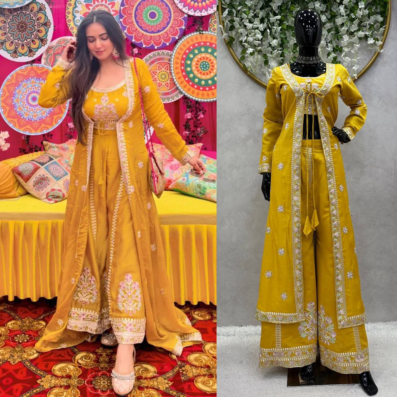 Wedding Wear Yellow Color Sequence Work Muslin Indo Western Suit