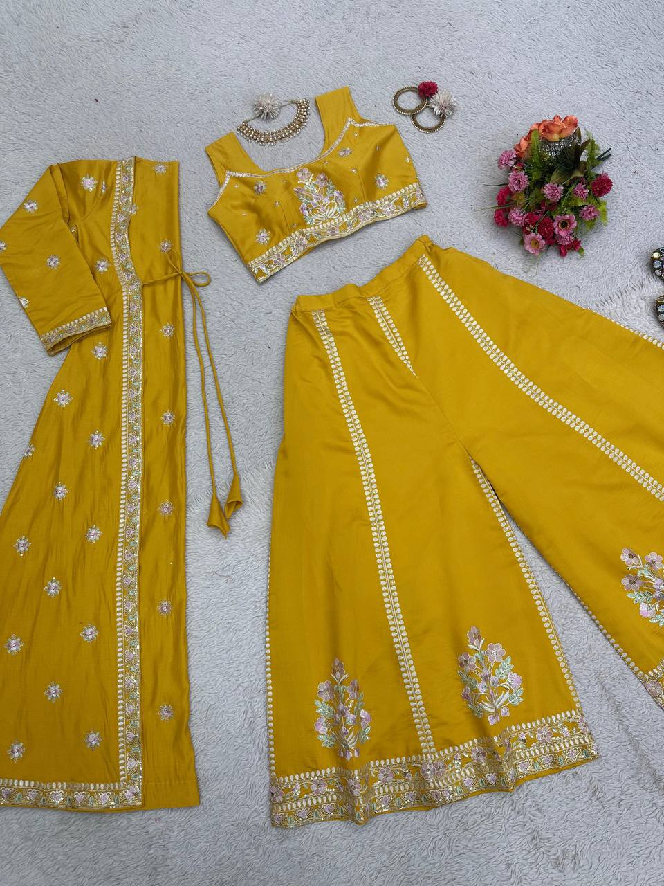 Wedding Wear Yellow Color Sequence Work Muslin Indo Western Suit