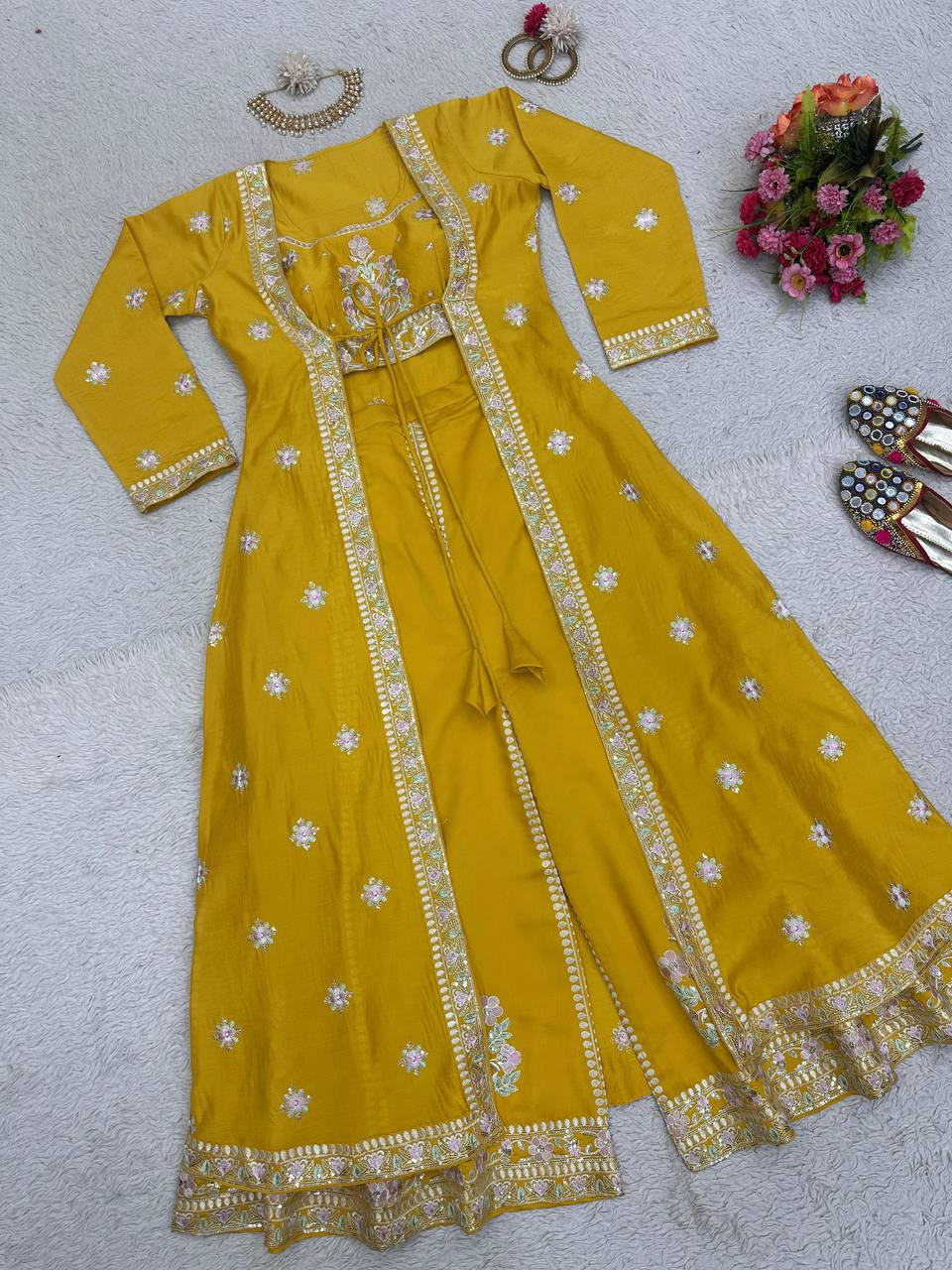 Wedding Wear Yellow Color Sequence Work Muslin Indo Western Suit