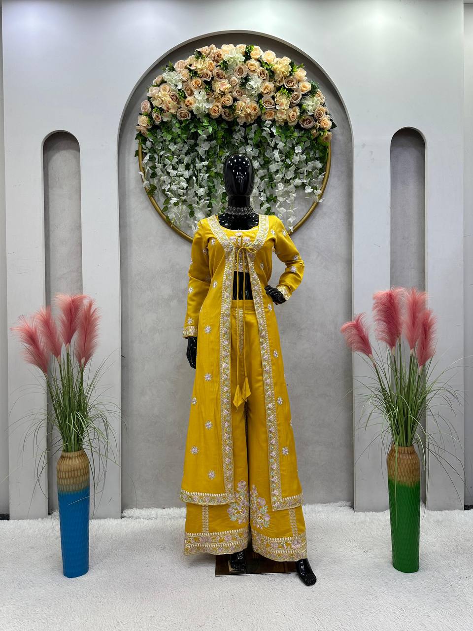 Wedding Wear Yellow Color Sequence Work Muslin Indo Western Suit