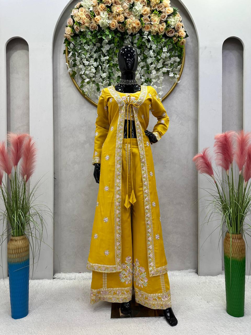 Wedding Wear Yellow Color Sequence Work Muslin Indo Western Suit