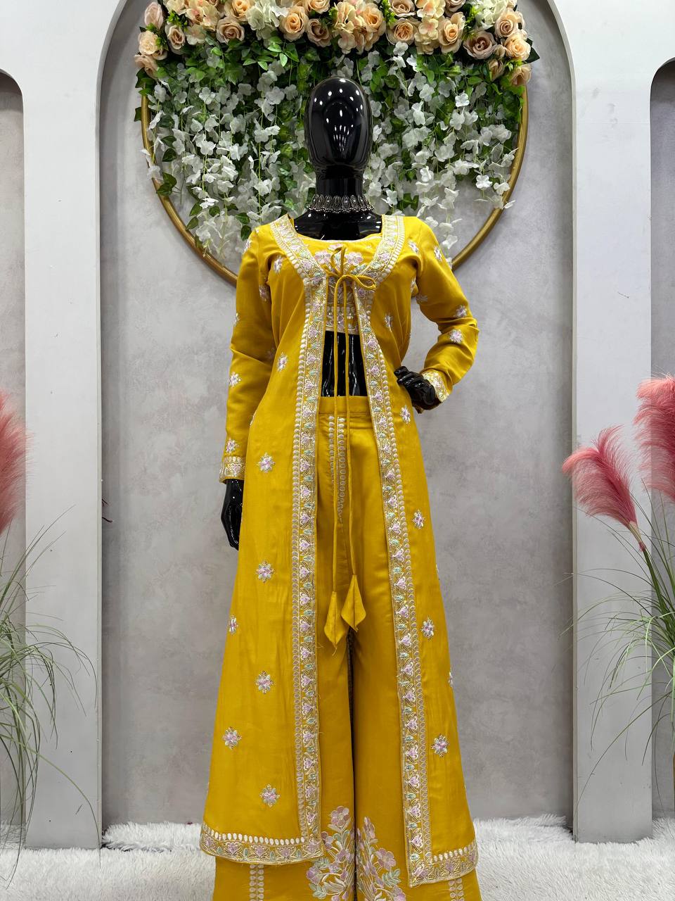 Wedding Wear Yellow Color Sequence Work Muslin Indo Western Suit