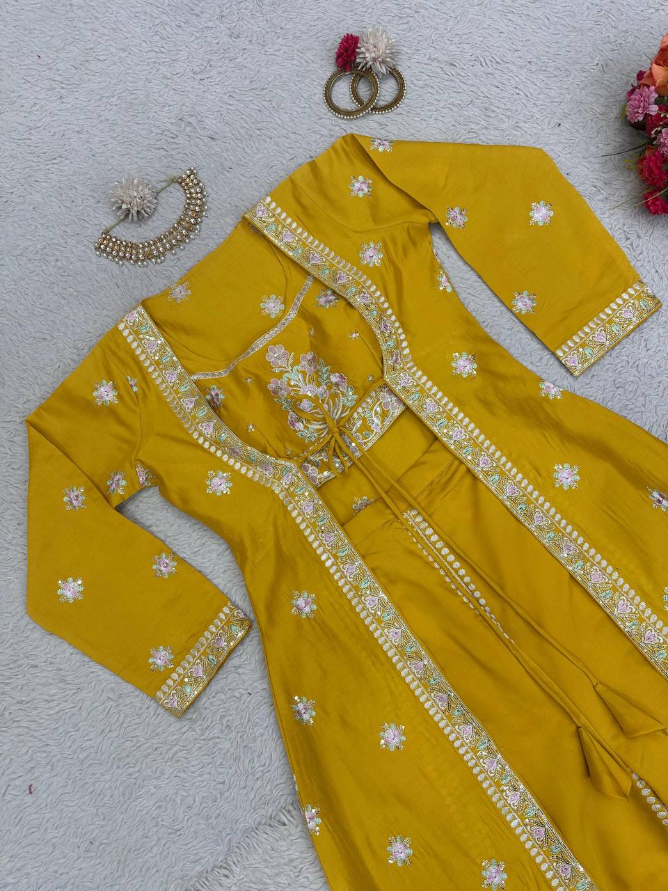 Wedding Wear Yellow Color Sequence Work Muslin Indo Western Suit