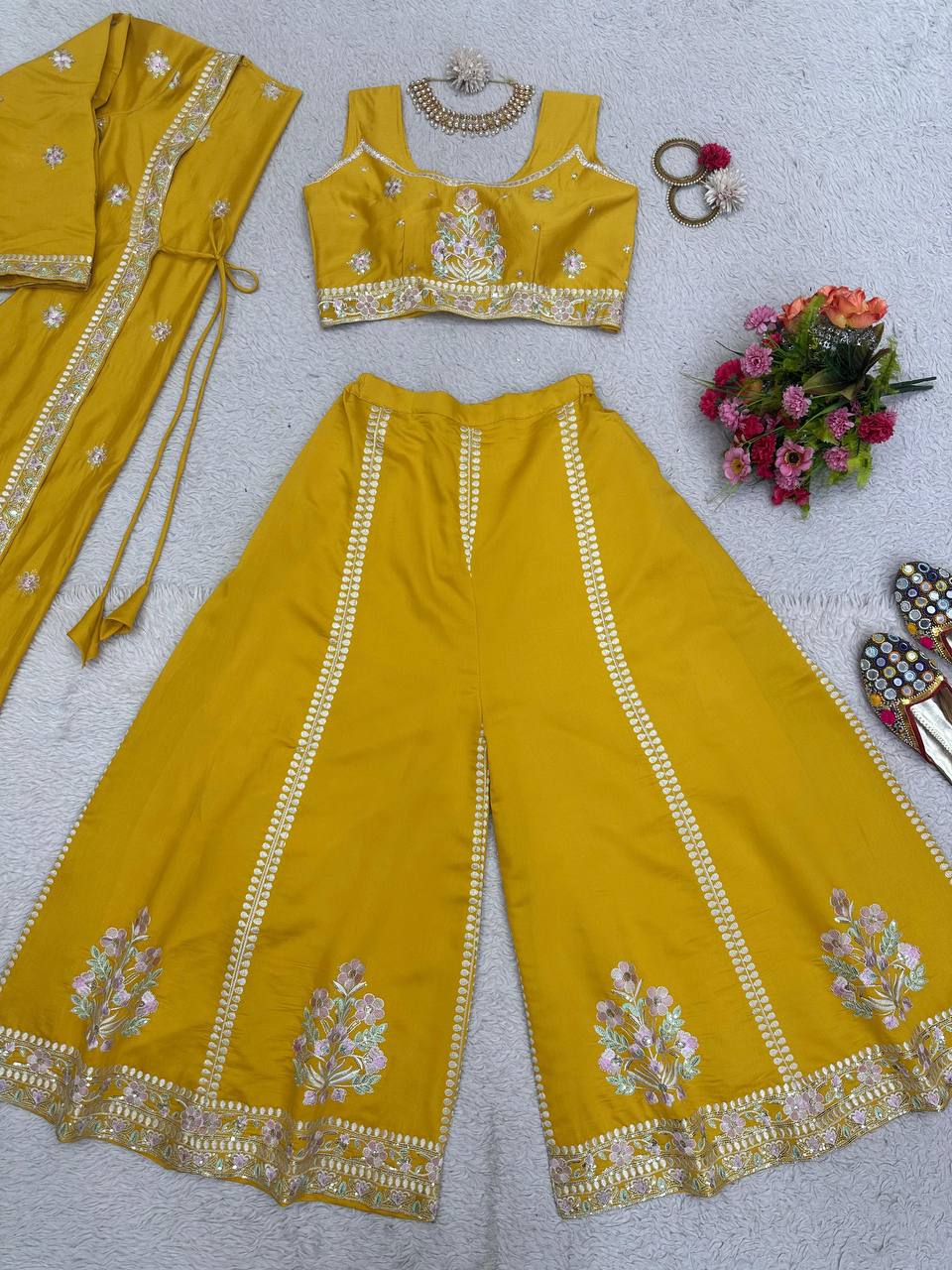 Wedding Wear Yellow Color Sequence Work Muslin Indo Western Suit