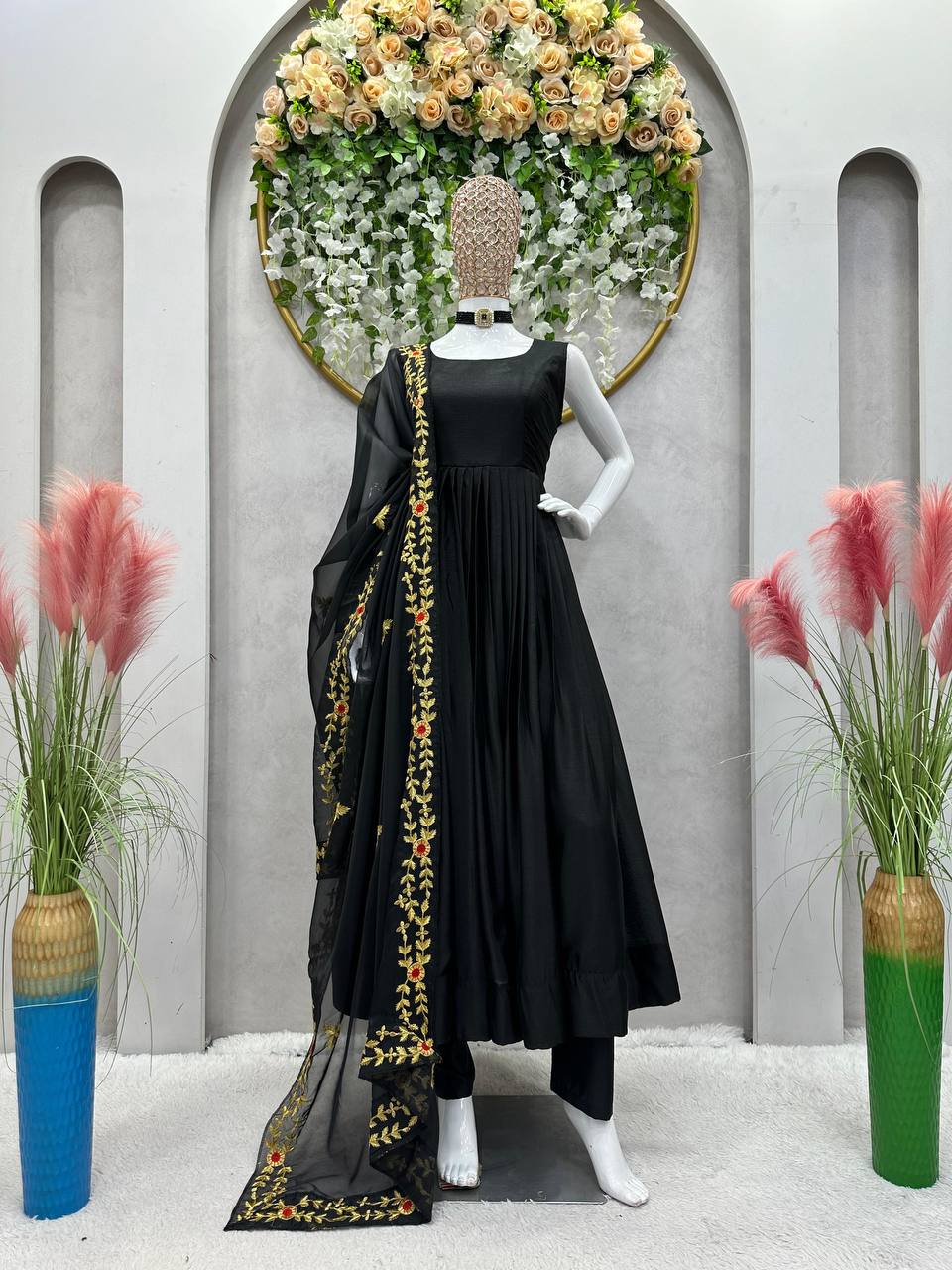 Black Color Ready Made Plain Chinon Silk Salwar Suit