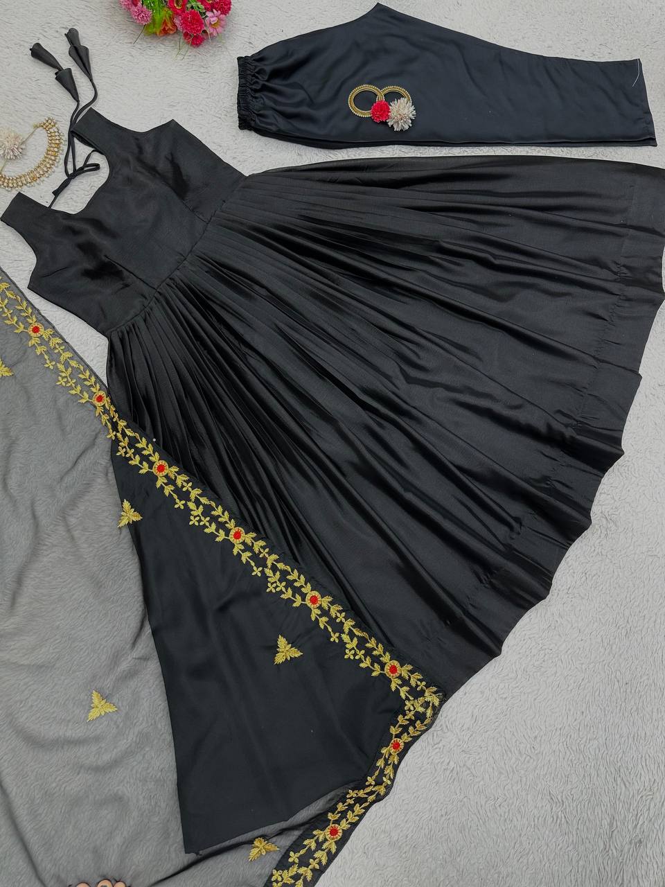 Black Color Ready Made Plain Chinon Silk Salwar Suit