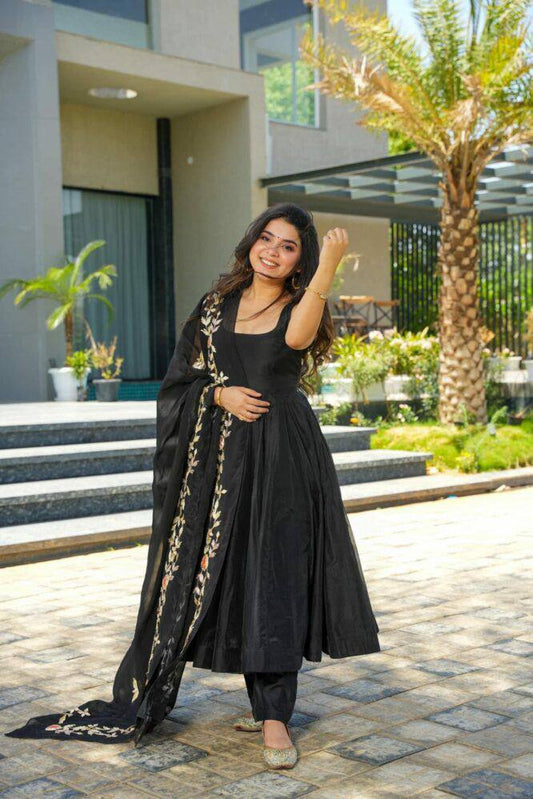 Black Color Ready Made Plain Chinon Silk Salwar Suit