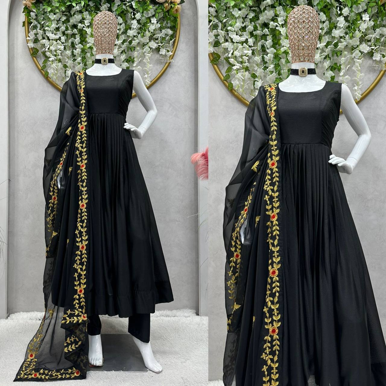 Black Color Ready Made Plain Chinon Silk Salwar Suit