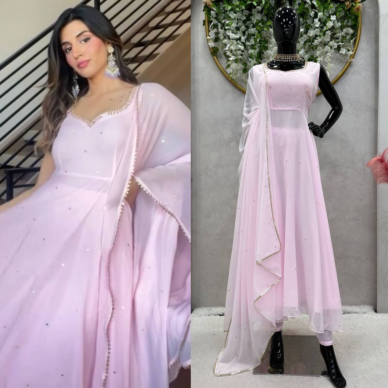 Stunning Pink Color Georgette Diamond Work Ready Made Salwar Suit