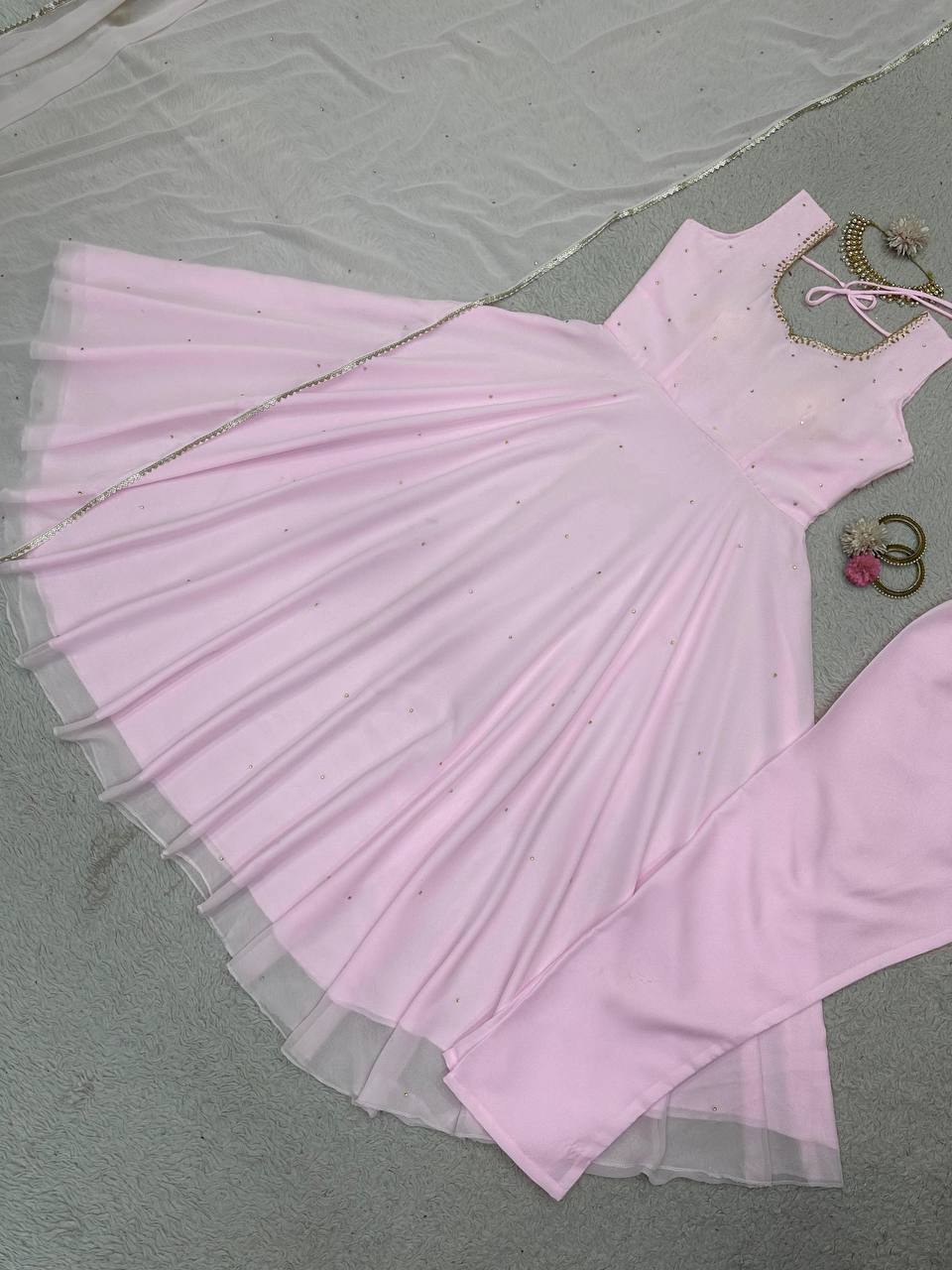 Stunning Pink Color Georgette Diamond Work Ready Made Salwar Suit