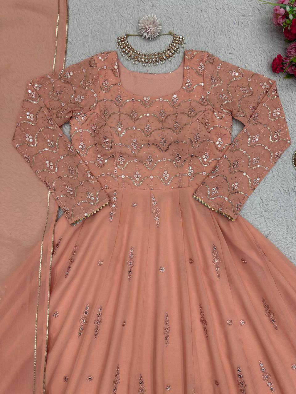 Party Wear Peach Color Georgette Sequence Work Ready Made Salwar Suit