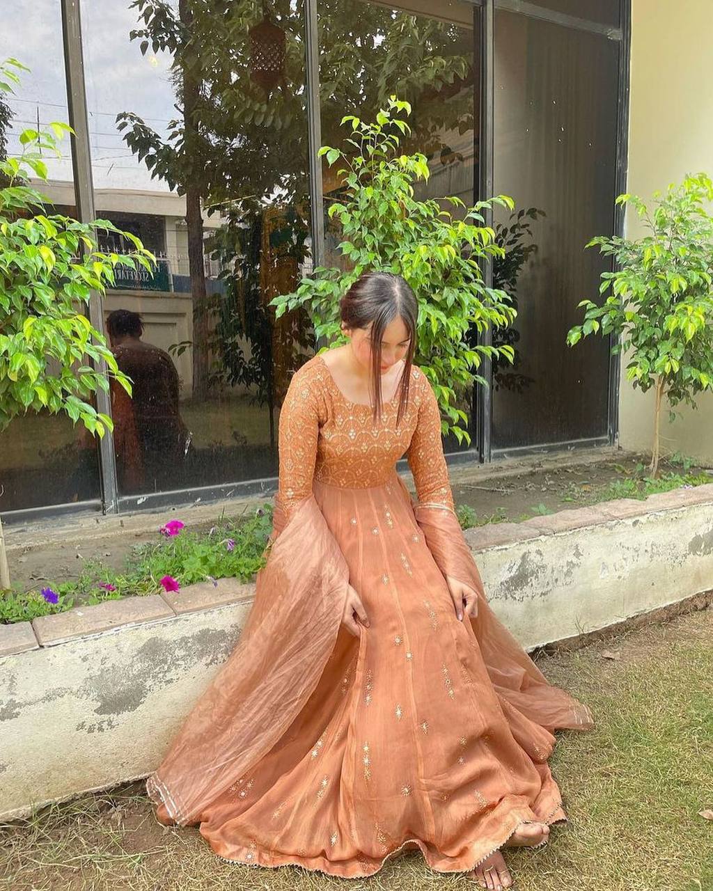 Party Wear Peach Color Georgette Sequence Work Ready Made Salwar Suit