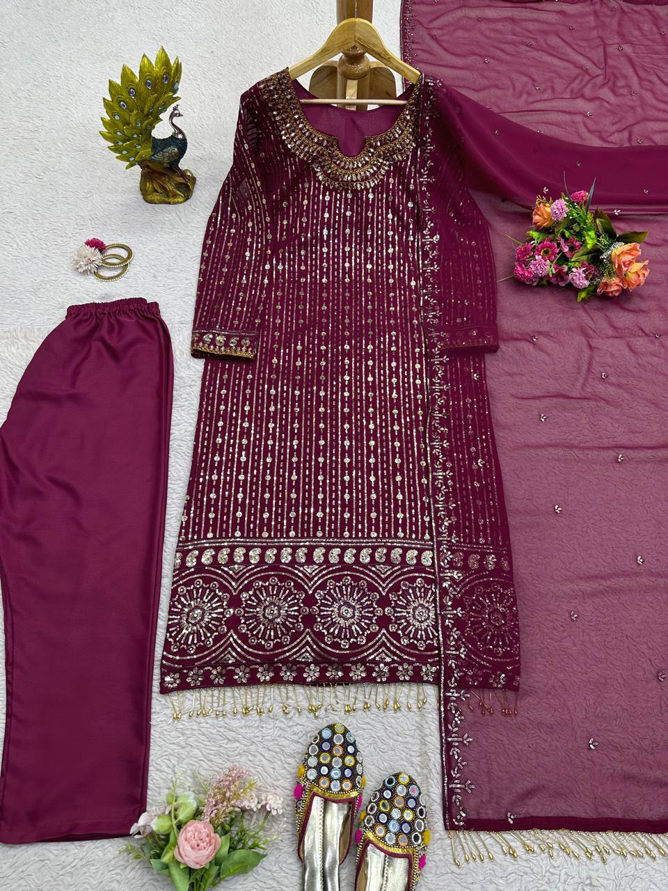 Designer Wine Color Georgette Ready Made Sequence Work Salwar Suit