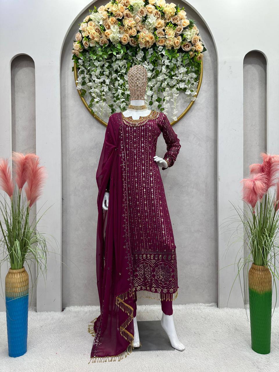 Designer Wine Color Georgette Ready Made Sequence Work Salwar Suit