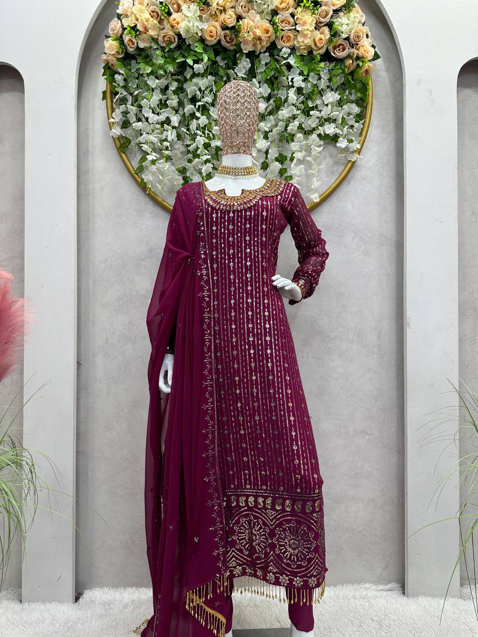 Designer Wine Color Georgette Ready Made Sequence Work Salwar Suit