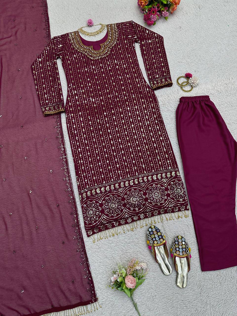 Designer Wine Color Georgette Ready Made Sequence Work Salwar Suit