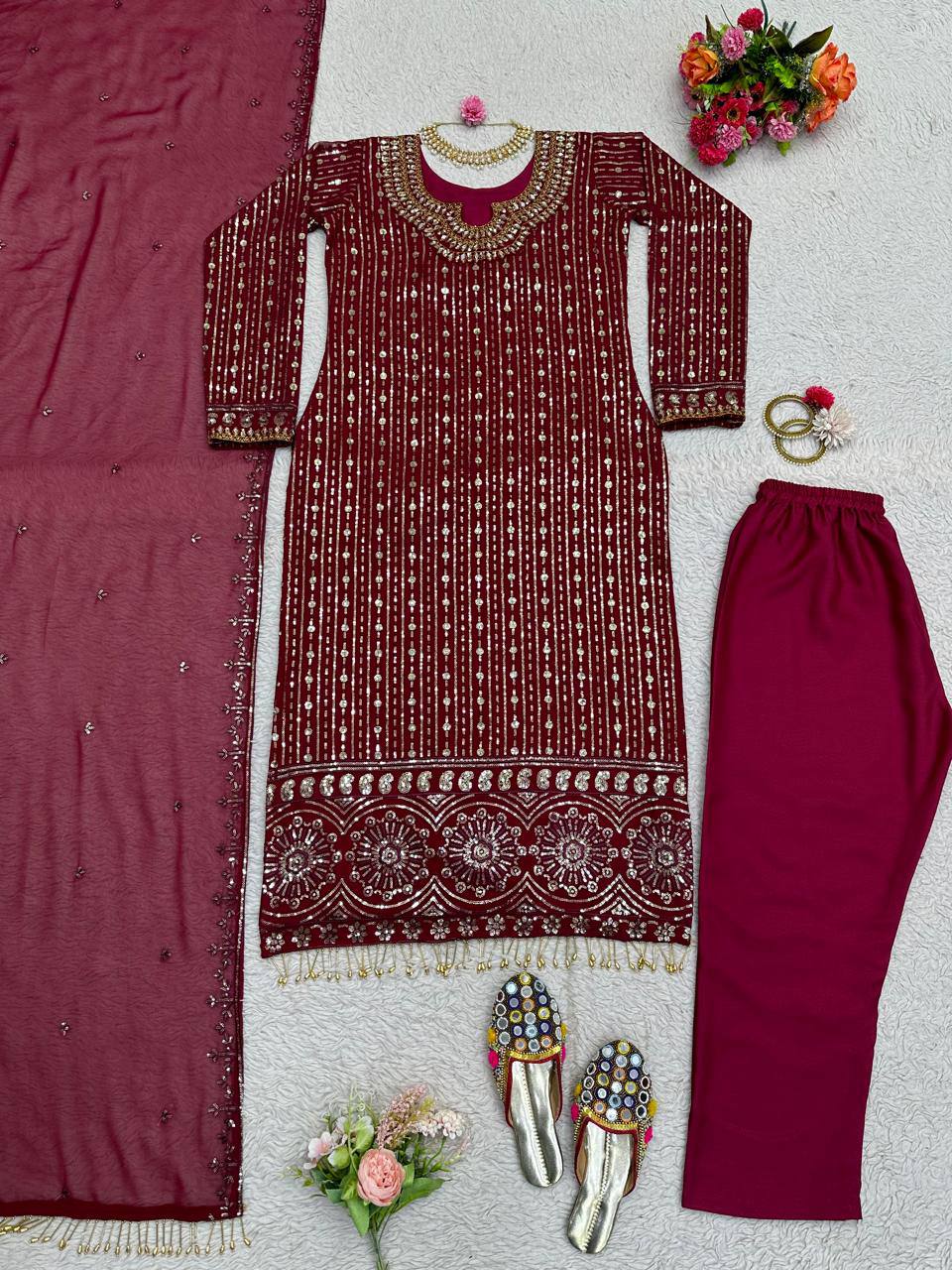 Designer Wine Color Georgette Ready Made Sequence Work Salwar Suit