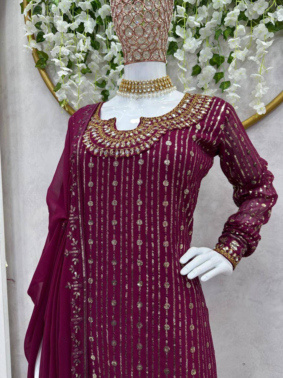 Designer Wine Color Georgette Ready Made Sequence Work Salwar Suit