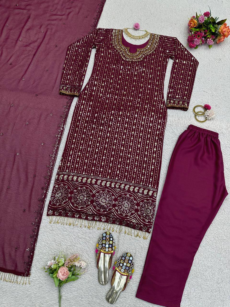 Designer Wine Color Georgette Ready Made Sequence Work Salwar Suit