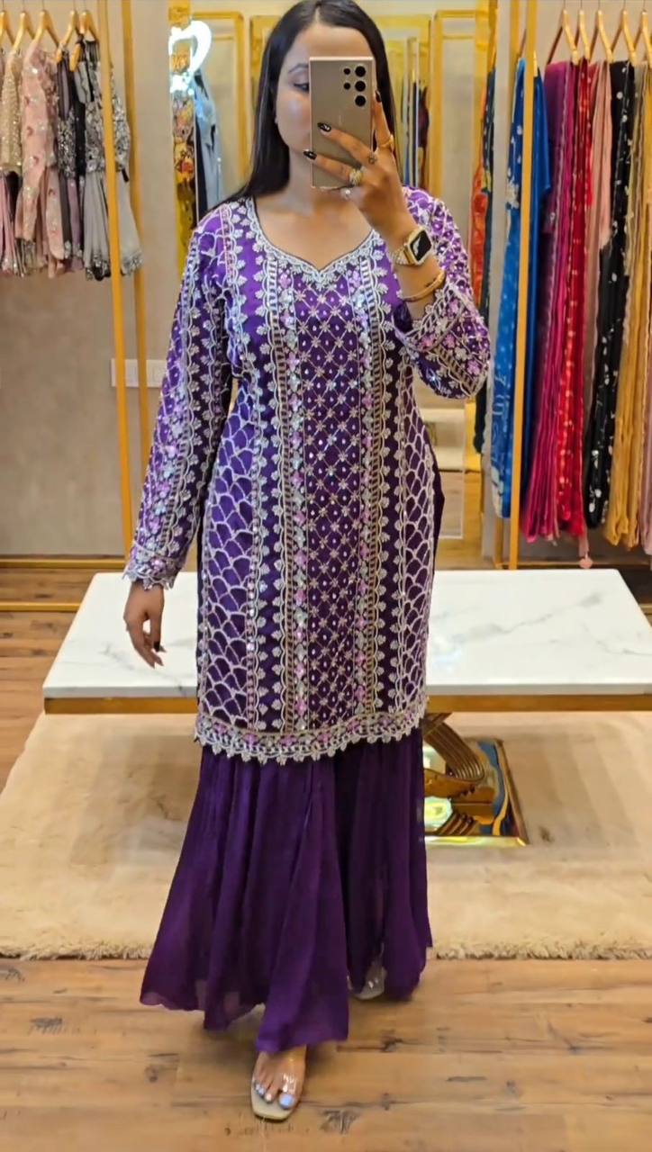 Trendy Purple Color Chinnon Silk Sequence Work Ready Made Salwar Suit