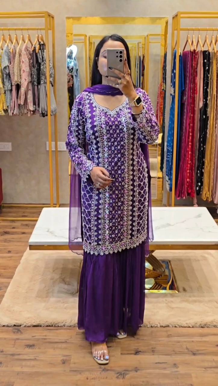 Trendy Purple Color Chinnon Silk Sequence Work Ready Made Salwar Suit