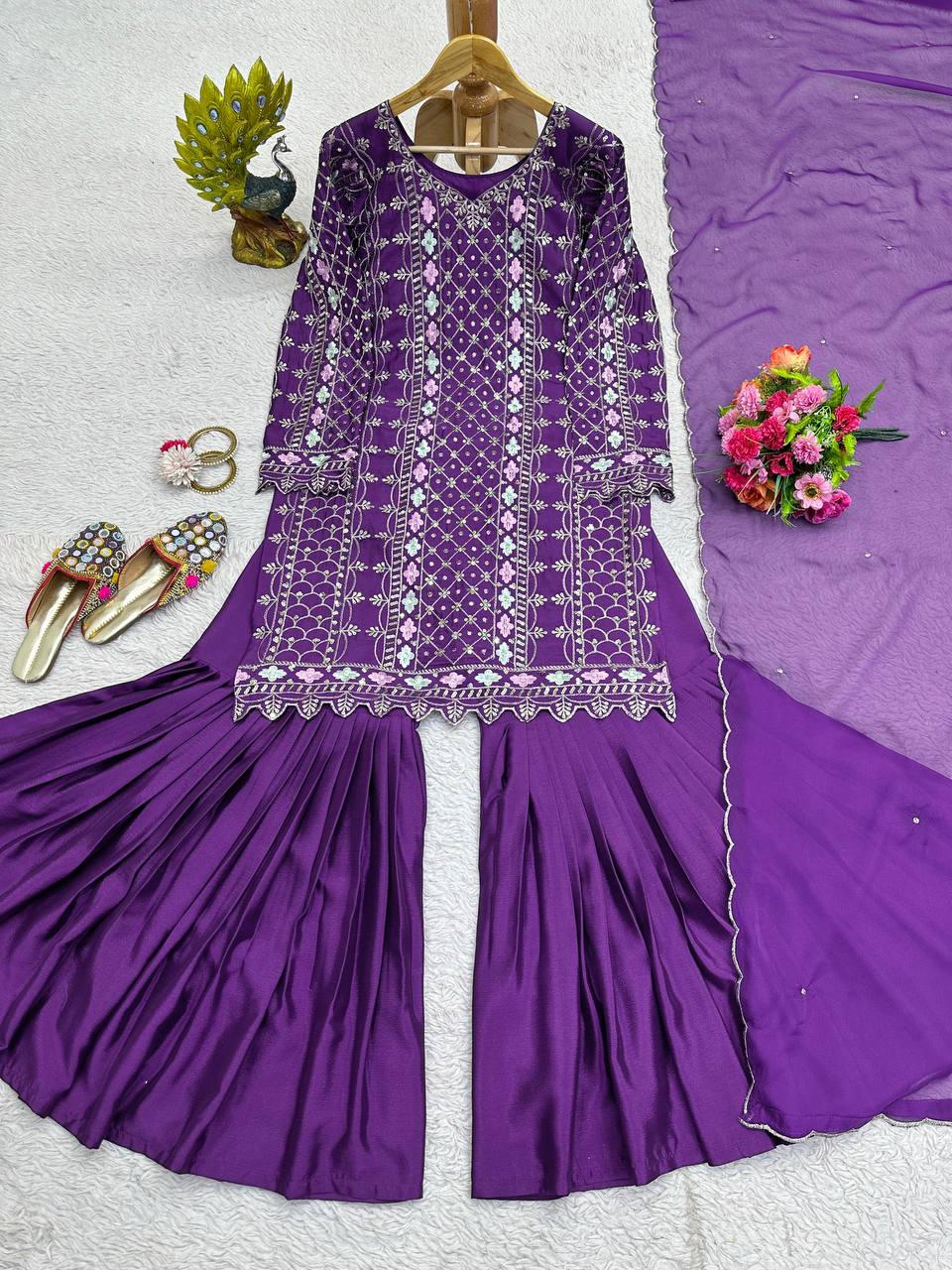 Trendy Purple Color Chinnon Silk Sequence Work Ready Made Salwar Suit