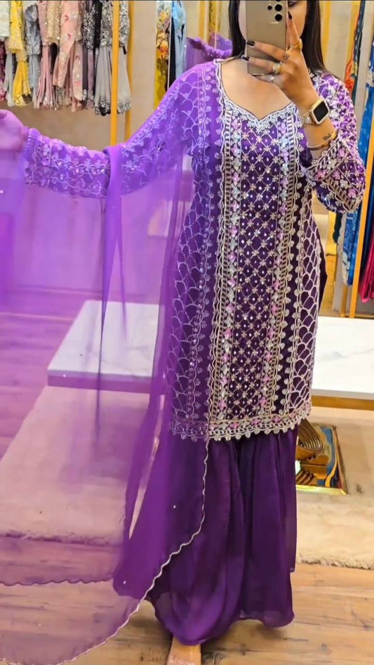 Trendy Purple Color Chinnon Silk Sequence Work Ready Made Salwar Suit