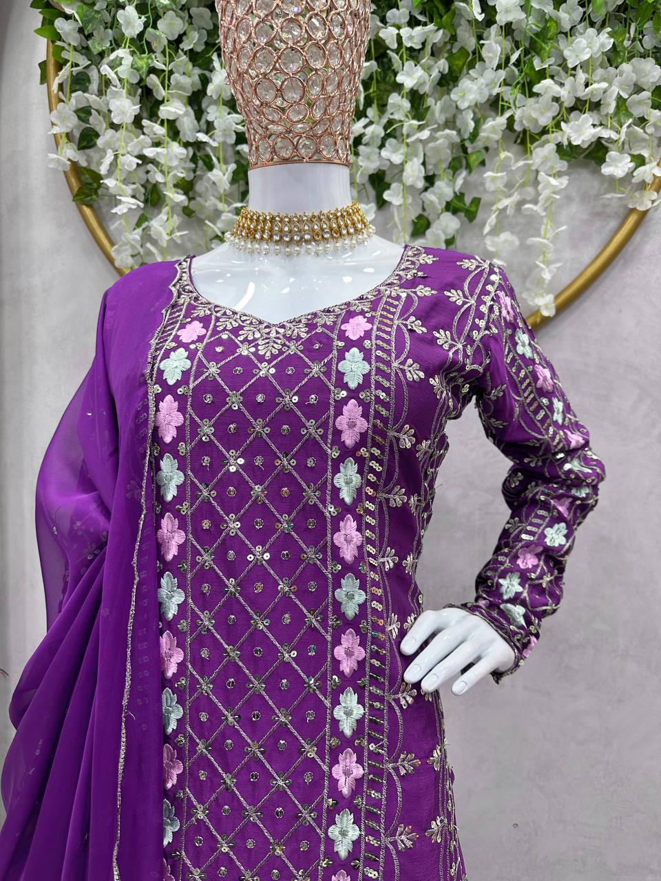 Trendy Purple Color Chinnon Silk Sequence Work Ready Made Salwar Suit