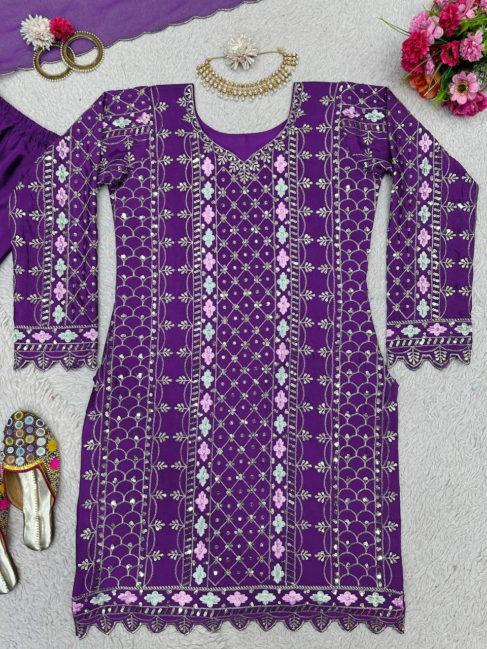 Trendy Purple Color Chinnon Silk Sequence Work Ready Made Salwar Suit