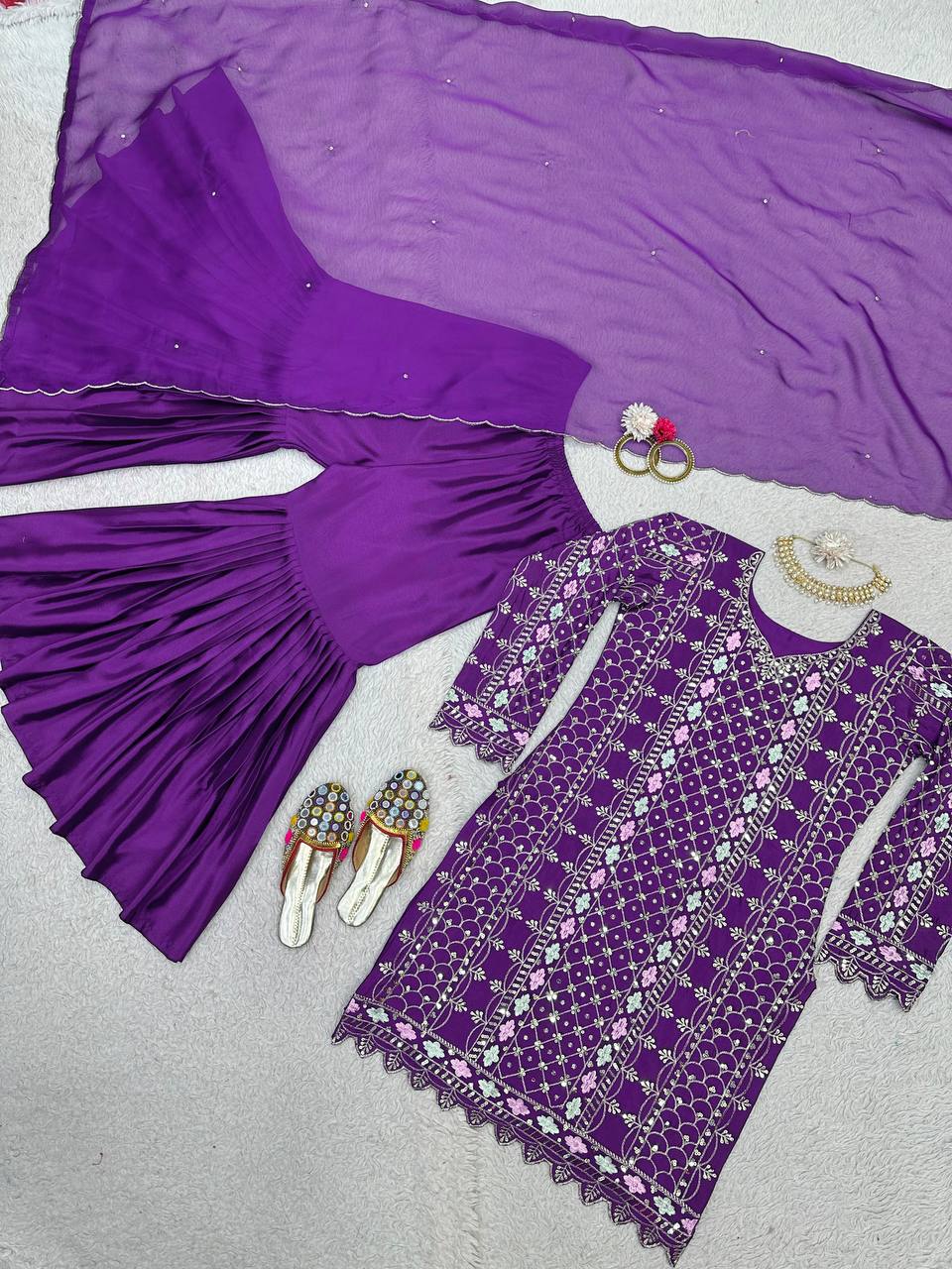 Trendy Purple Color Chinnon Silk Sequence Work Ready Made Salwar Suit