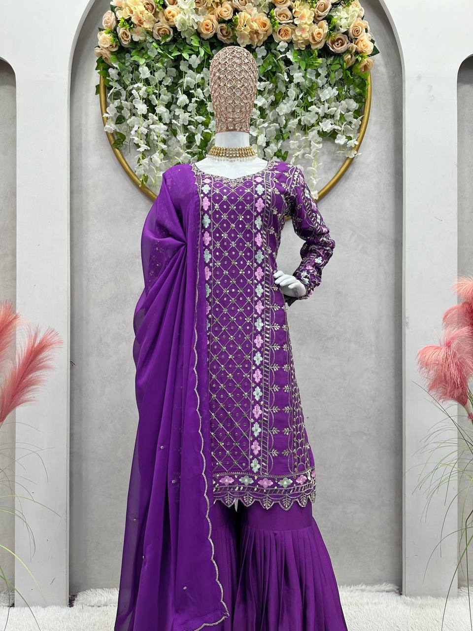 Trendy Purple Color Chinnon Silk Sequence Work Ready Made Salwar Suit